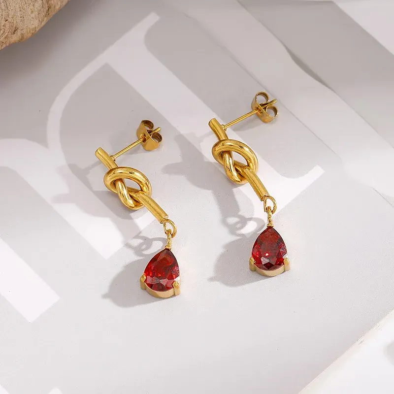 Ivanda Knot & Red Teardrop Drop Earrings Gold YWD2-E26061922-351 - view 03