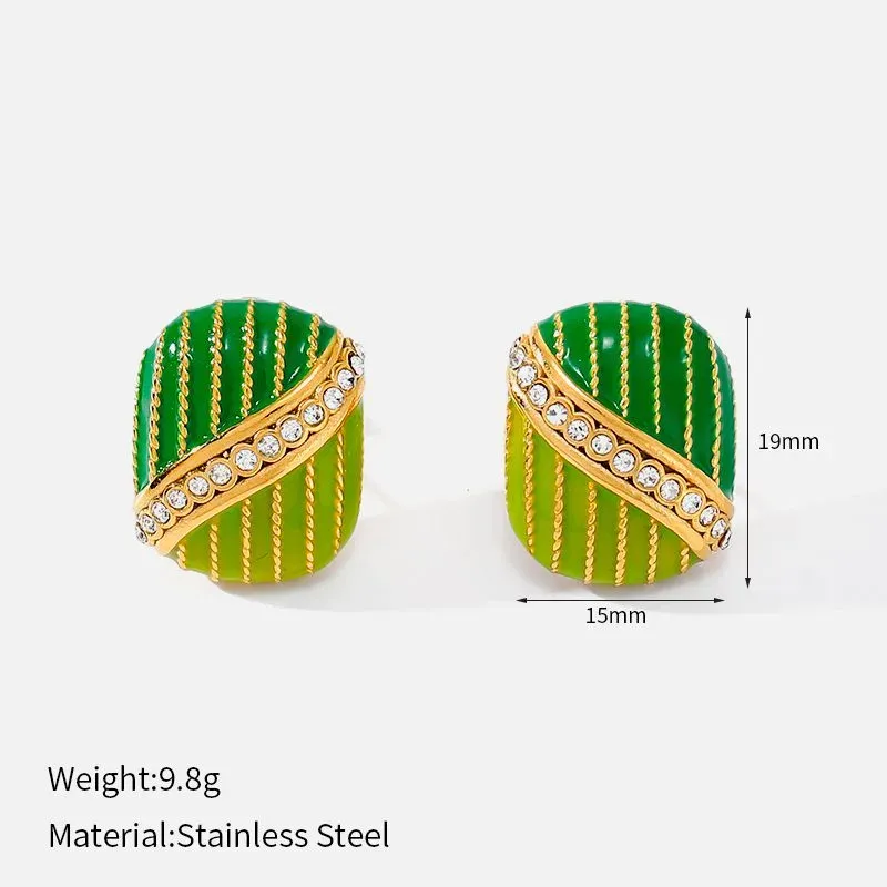 Ivanda Green Ribbed Oval Stud Earrings YWD2-E2504958-2 - view 01