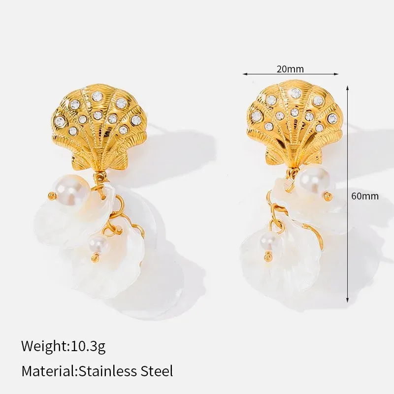 Ivanda Shell Crystal Drop Earrings PVD 18K Gold Plated Stainless Steel CH1924 - view 01