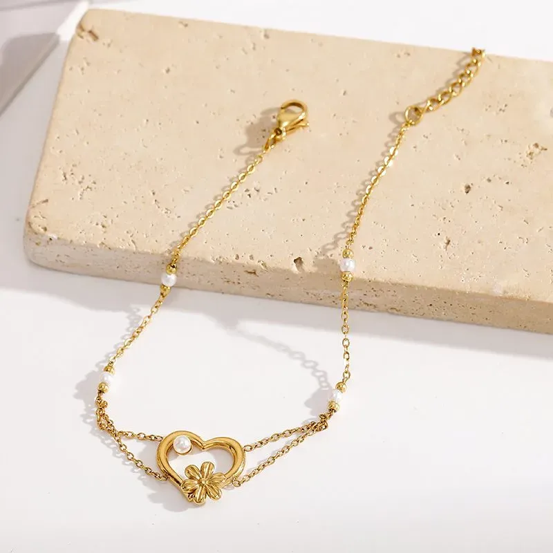 Ivanda Heart & Flower Double Chain Bracelet PVD 18K Gold Plated Stainless Steel YWD8-S2504175-B - view 04