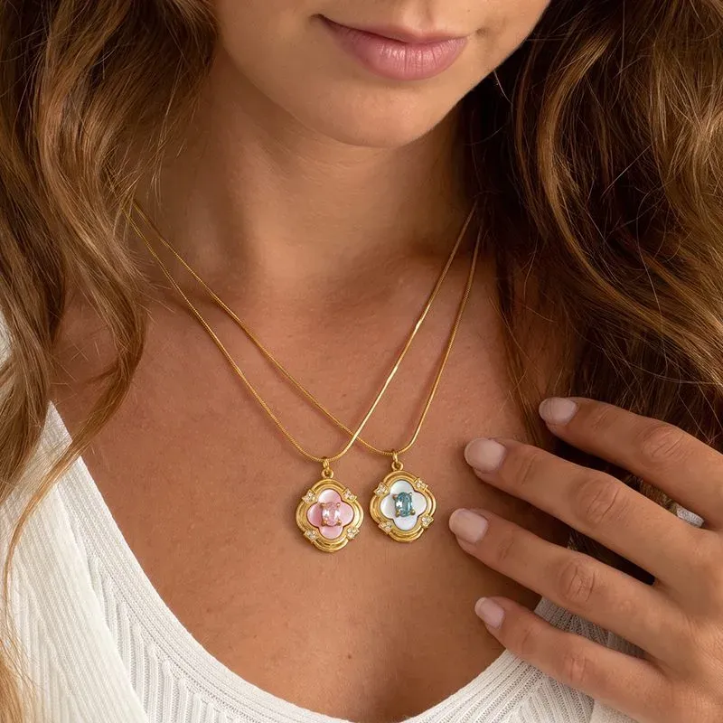 Ivanda Clover Pendant Necklace Light Blue Stone Gold Stainless Steel CH260911-12 - view 06