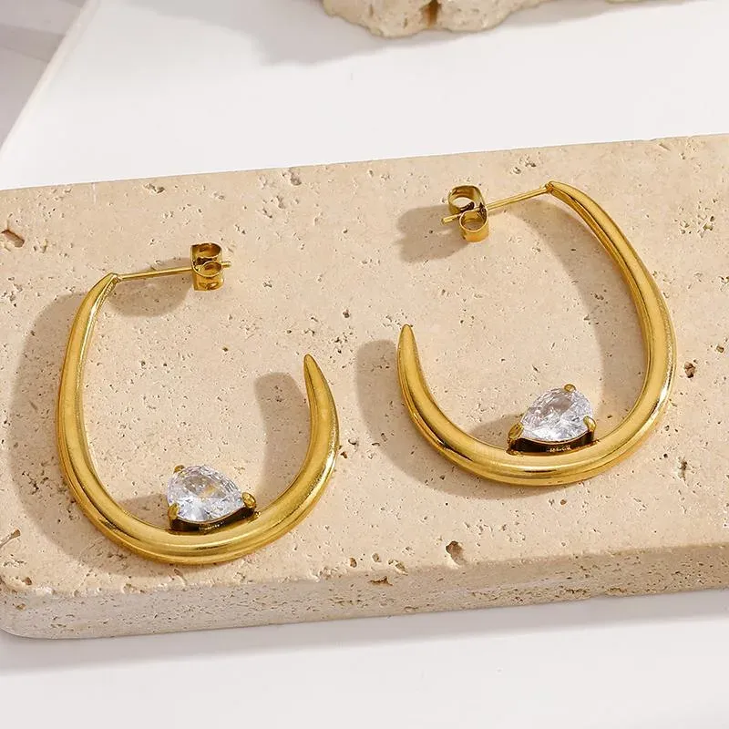 Ivanda U-Shape Hoop Earrings with CZ PVD 18K Gold Plated Stainless Steel CH1922 - view 05