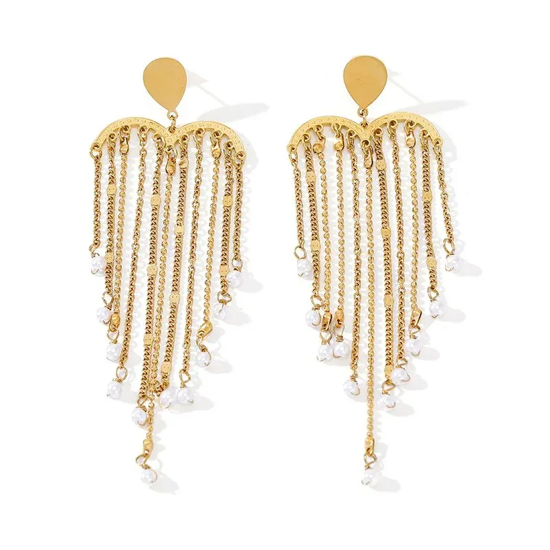 Ivanda Pearl Tassel Fringe Earrings PVD 18K Gold Plated Stainless Steel YWD2-E2504945-1 - view 06