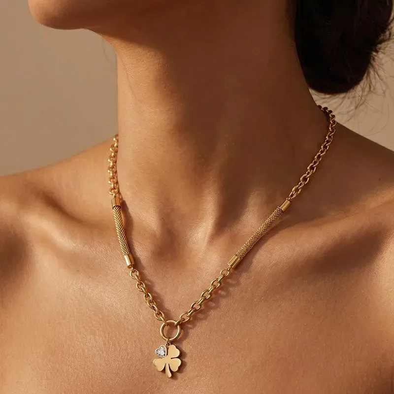 Ivanda Chunky Curb Clover Tassel Necklace PVD 18K Gold Plated Stainless Steel CHOFXL-0533-J - view 04