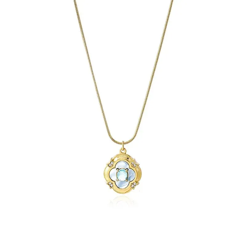 Ivanda Clover Pendant Necklace Light Blue Stone Gold Stainless Steel CH260911-12 - view 02