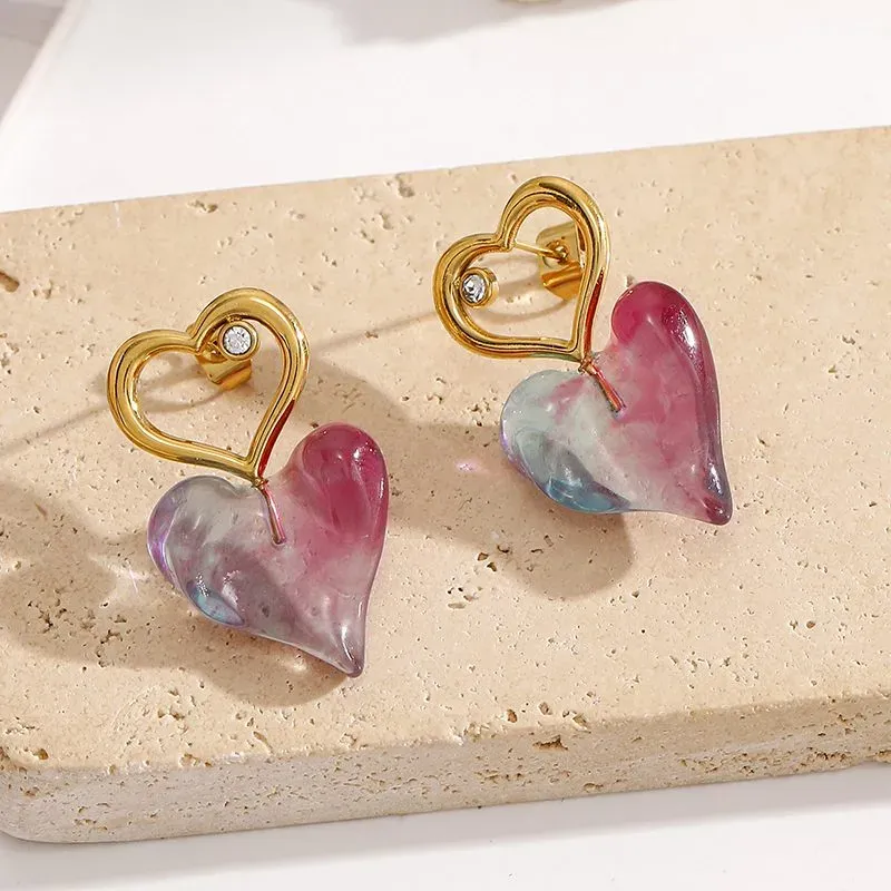 Ivanda Glass Heart Drop Earrings Pink Blue YWD8-E2504993 - view 03