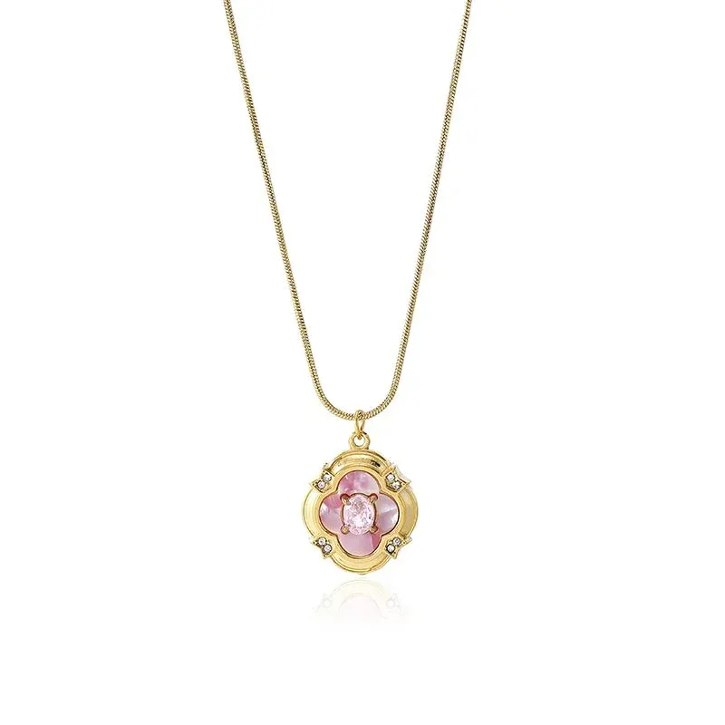Ivanda Clover Pendant Necklace Light Blue Stone Gold Stainless Steel CH260911-12 - view 03