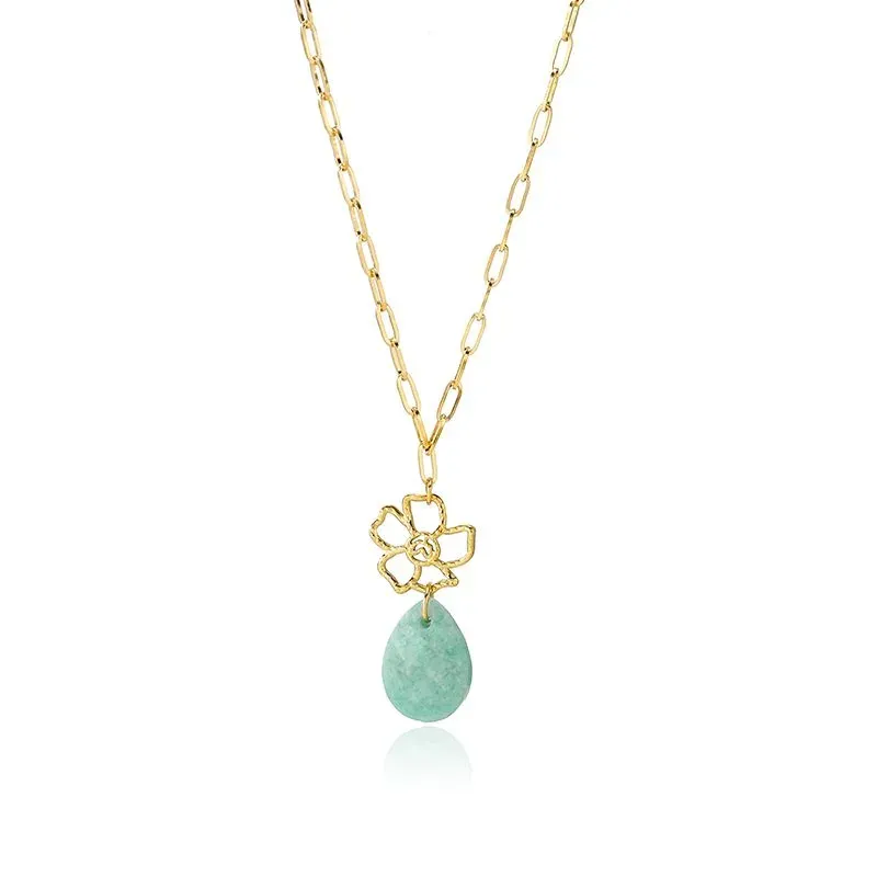 Ivanda Paperclip Necklace Teal Stone Flower Pendant YWD2-N2604872-291 - view 03