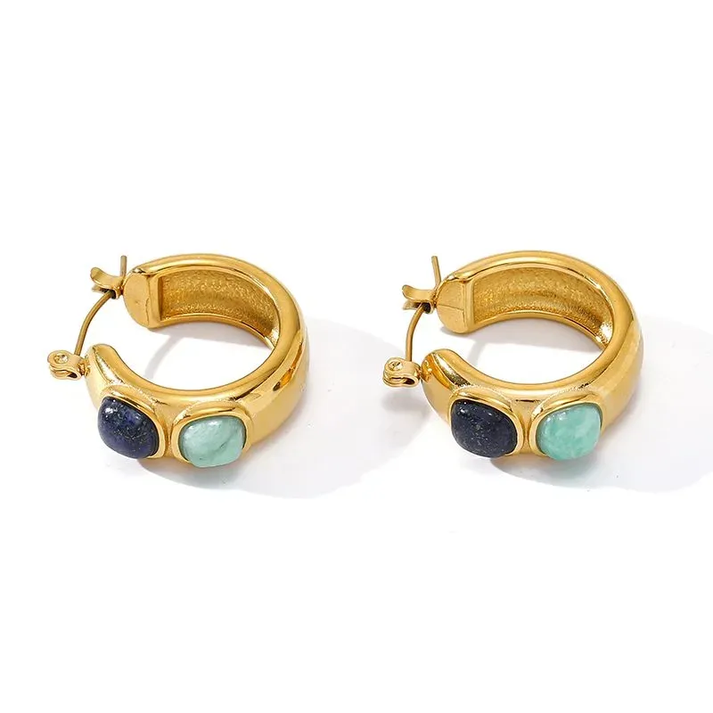 Ivanda Stone Cabochon Chunky Hoop Earrings PVD 18K Gold Plated Stainless Steel YHTSE-2501315 - view 03