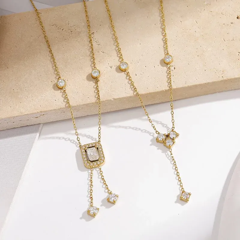 Ivanda Crystal Lariat Necklace Dainty Gold Stainless Steel CH260911-14 - view 05