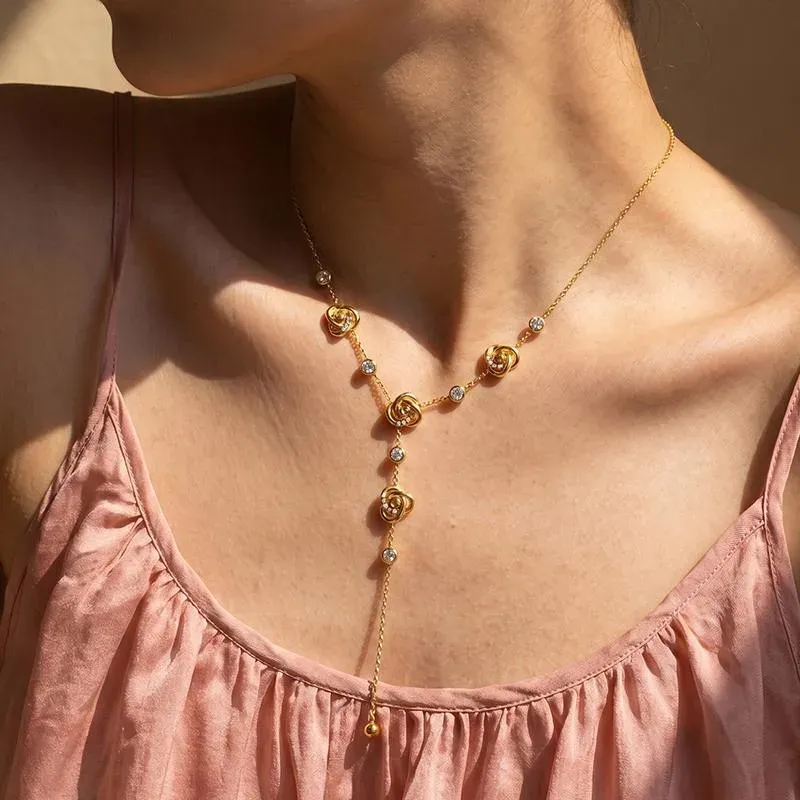 Ivanda Rose Station Lariat Necklace PVD 18K Gold Plated Stainless Steel CH1925 - view 03