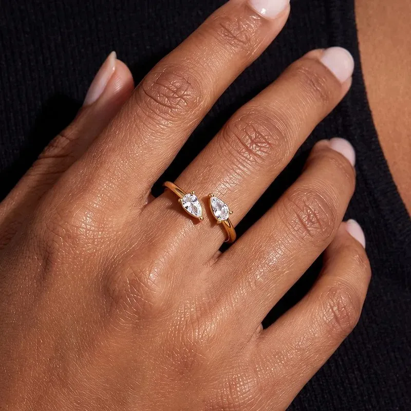 Ivanda Pear Crystal Open Ring Slim Gold Stainless YHTSR-260908 - view 05