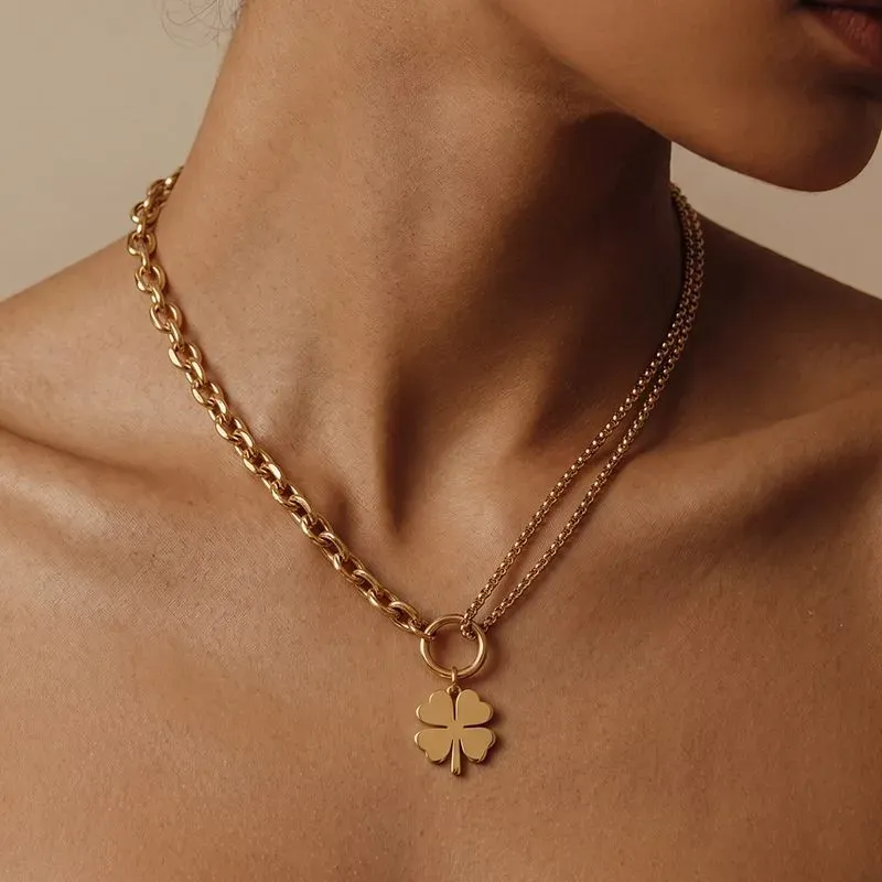 Ivanda Chunky Curb Clover Tassel Necklace PVD 18K Gold Plated Stainless Steel CHOFXL-0533-J - view 03