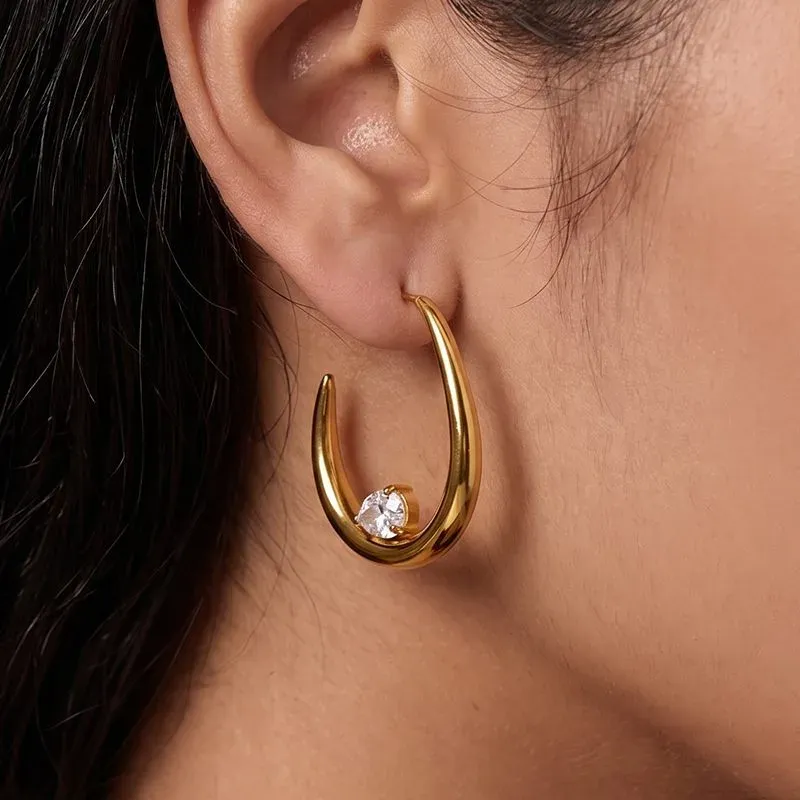 Ivanda U-Shape Hoop Earrings with CZ PVD 18K Gold Plated Stainless Steel CH1922 - view 02