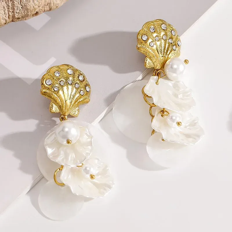 Ivanda Shell Crystal Drop Earrings PVD 18K Gold Plated Stainless Steel CH1924 - view 05