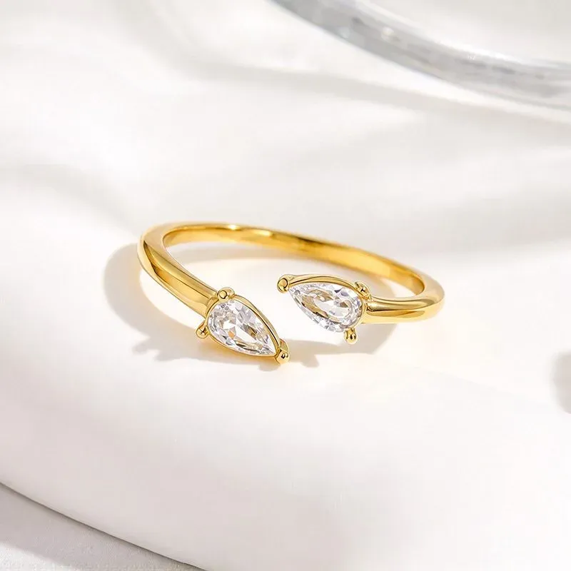 Ivanda Pear Crystal Open Ring Slim Gold Stainless YHTSR-260908 - view 03