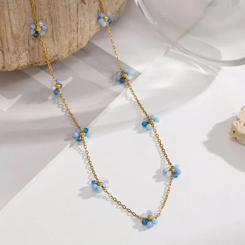 Ivanda Blue Flower Station Necklace Gold CHOX-1329-J - view 04