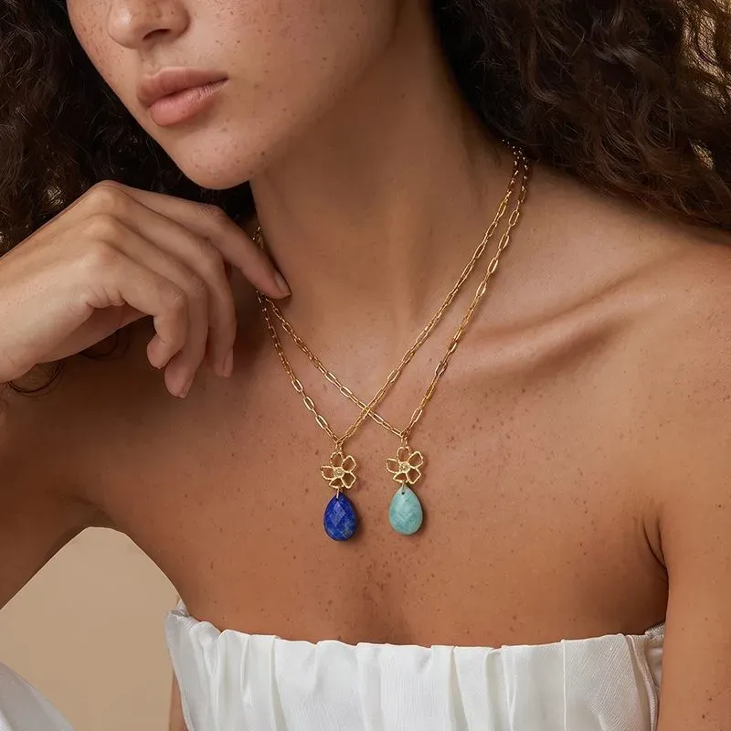 Ivanda Paperclip Necklace Teal Stone Flower Pendant YWD2-N2604872-291 - view 06