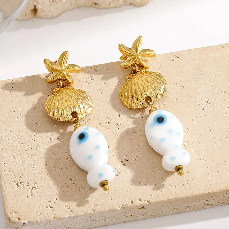 Ivanda Evil Eye Shell Drop Earrings Gold CH1918 - view 03