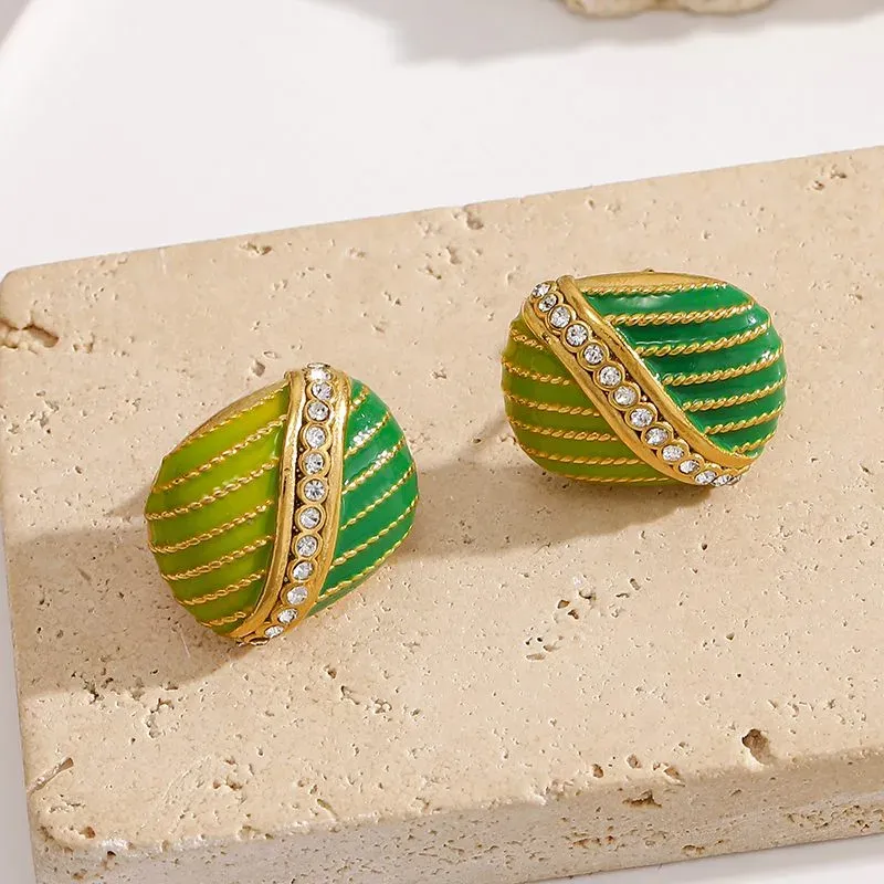 Ivanda Green Ribbed Oval Stud Earrings YWD2-E2504958-2 - view 04