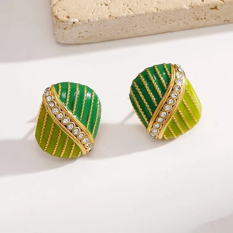 Ivanda Green Ribbed Oval Stud Earrings YWD2-E2504958-2 - view 03