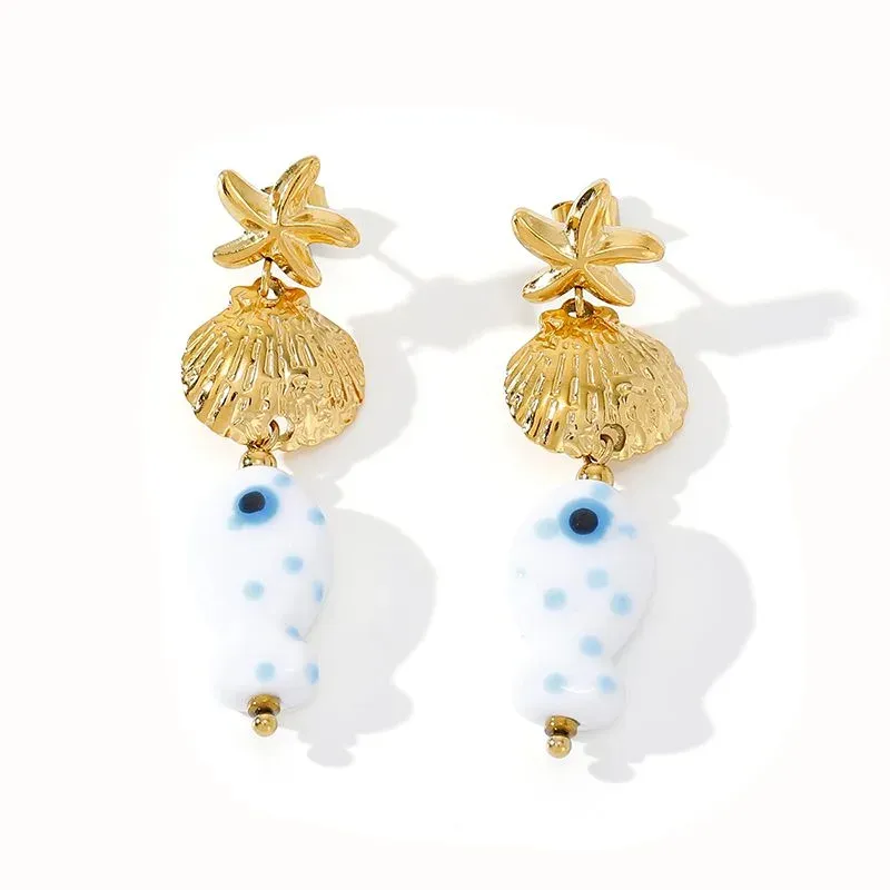 Ivanda Evil Eye Shell Drop Earrings Gold CH1918 - view 02