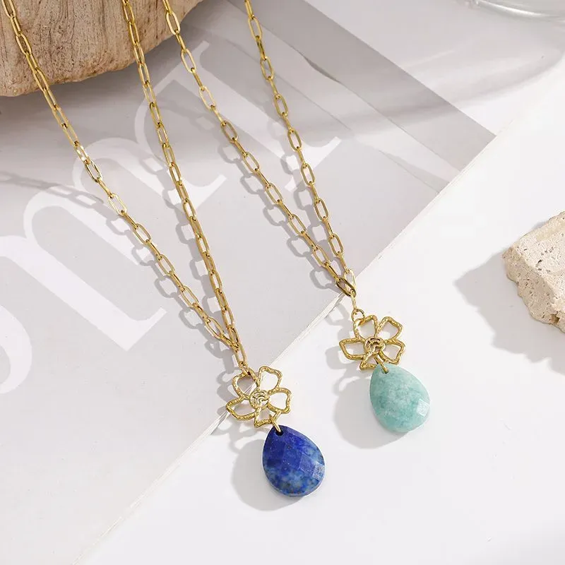 Ivanda Paperclip Necklace Teal Stone Flower Pendant YWD2-N2604872-291 - view 04