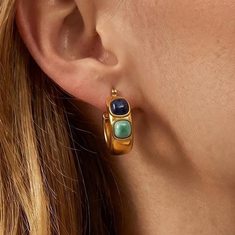 Ivanda Stone Cabochon Chunky Hoop Earrings PVD 18K Gold Plated Stainless Steel YHTSE-2501315 - view 02