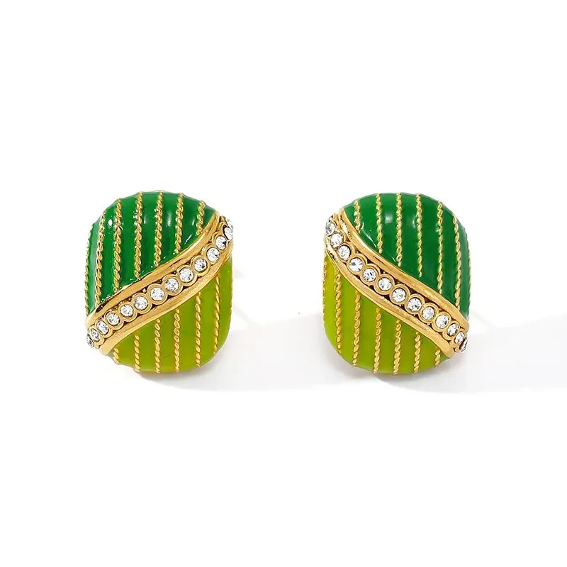 Ivanda Green Ribbed Oval Stud Earrings YWD2-E2504958-2 - view 02