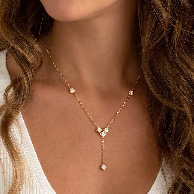 Ivanda Crystal Lariat Necklace Dainty Gold Stainless Steel CH260911-14 - view 06