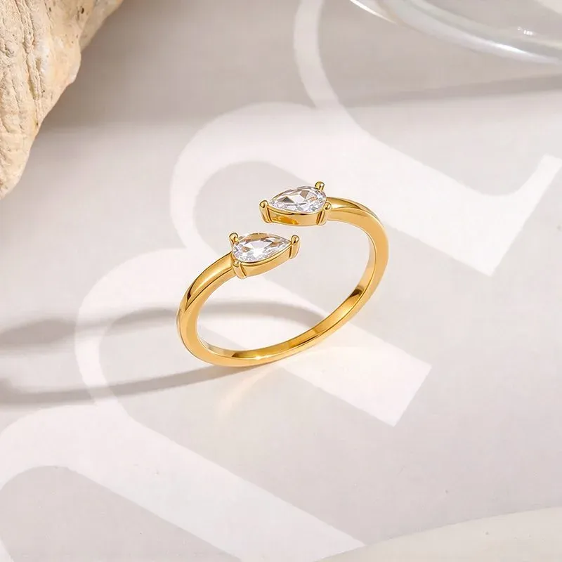 Ivanda Pear Crystal Open Ring Slim Gold Stainless YHTSR-260908 - view 02