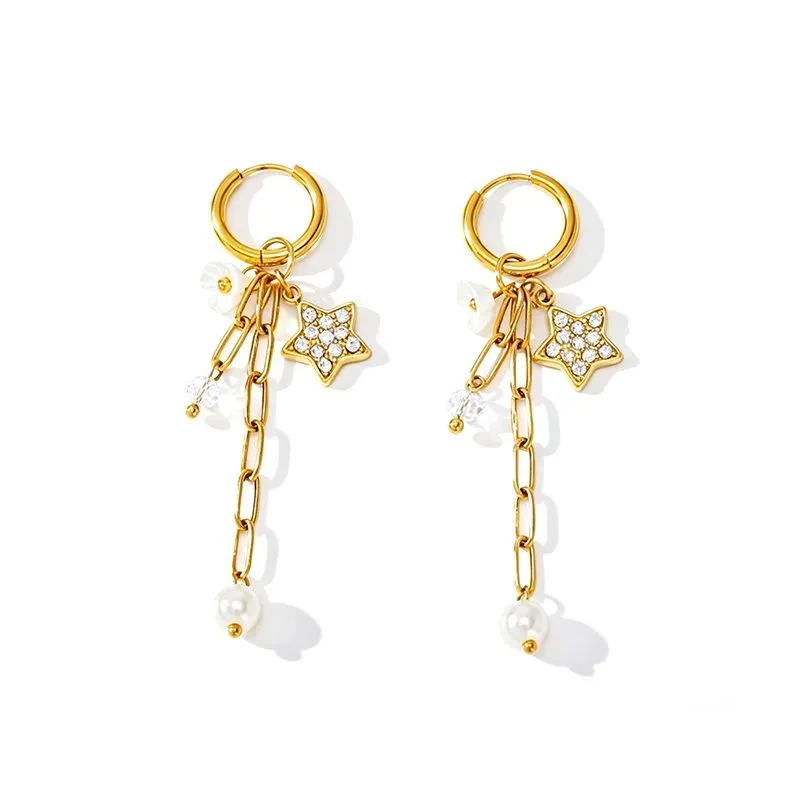 Ivanda Star & Pearl Chain Drop Earrings Gold YWD2S-E26041799-381 - view 02