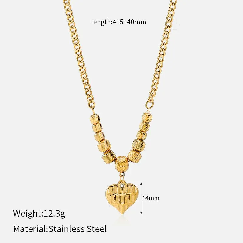 Ivanda Textured Bead Heart Curb Chain Necklace PVD 18K Gold Plated Stainless Steel CHOFXL-0500-J - view 01