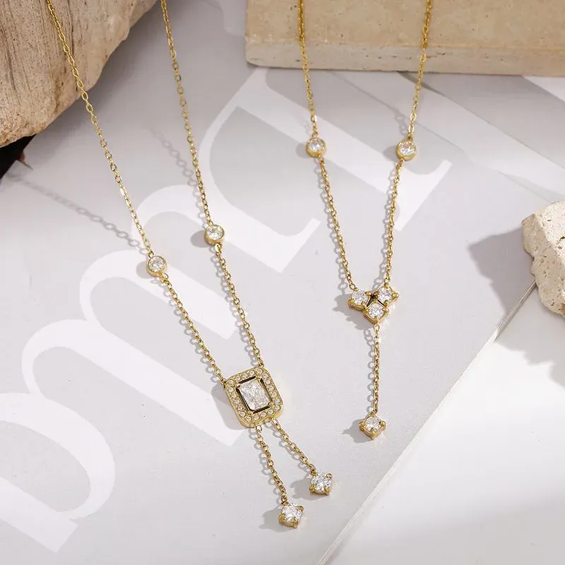 Ivanda Crystal Lariat Necklace Dainty Gold Stainless Steel CH260911-14 - view 04