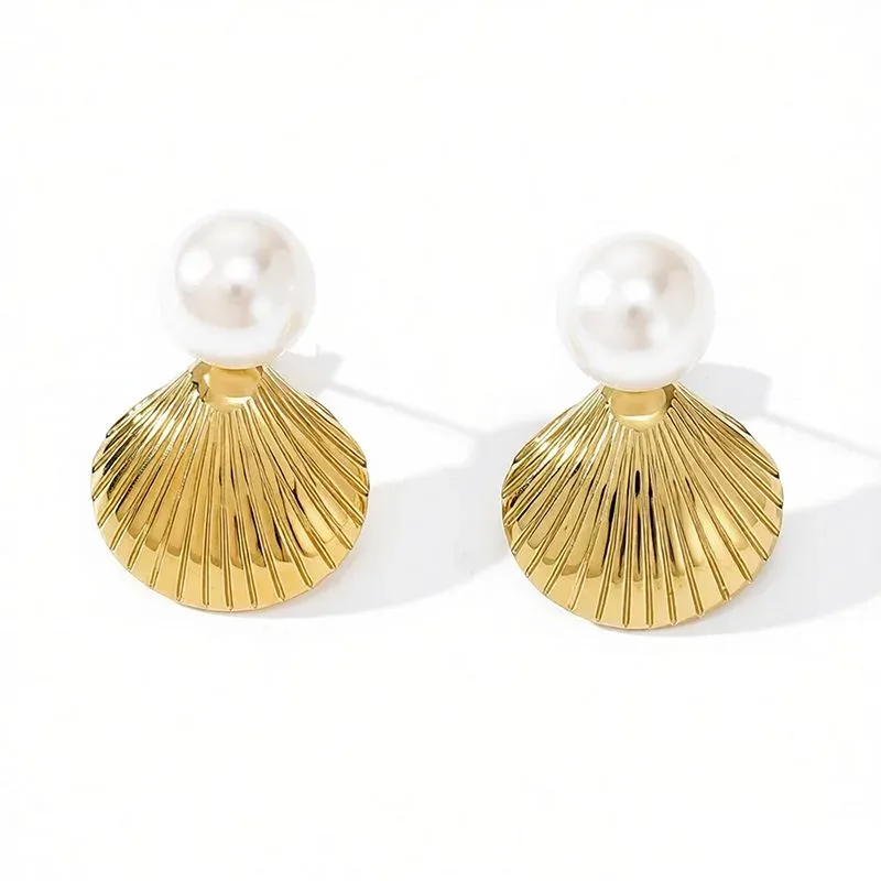 Ivanda Shell & Pearl Stud Earrings PVD 18K Gold Plated Stainless Steel CH1923 - view 03