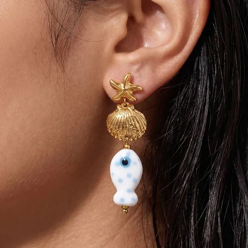 Ivanda Evil Eye Shell Drop Earrings Gold CH1918 - view 05