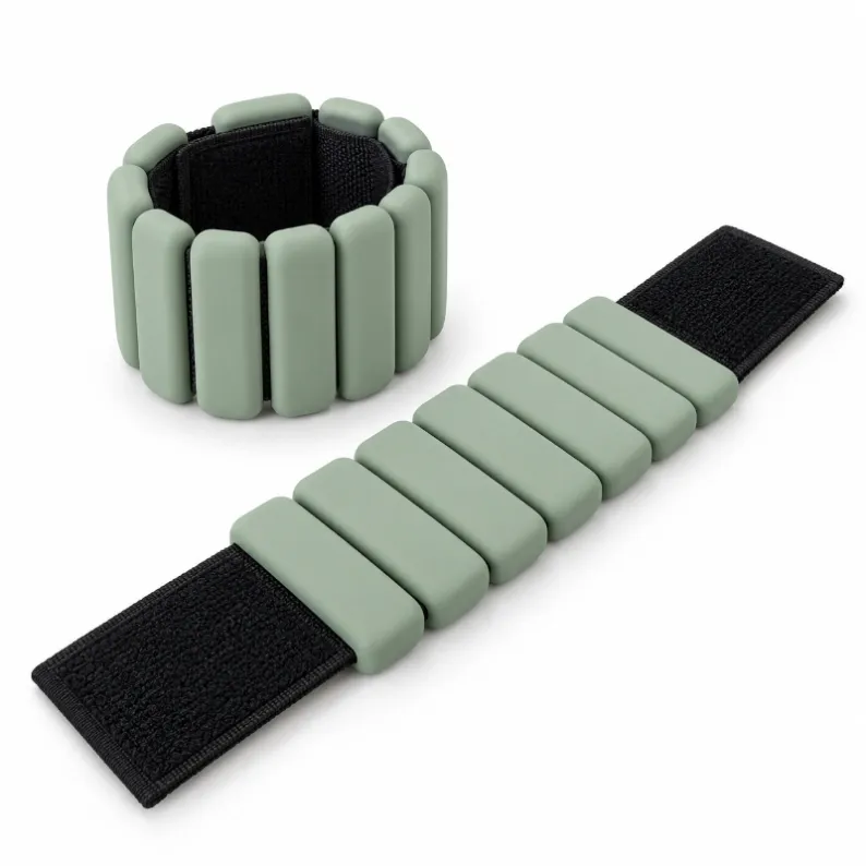 Adjustable sage green silicone wrist and ankle weights with black straps_