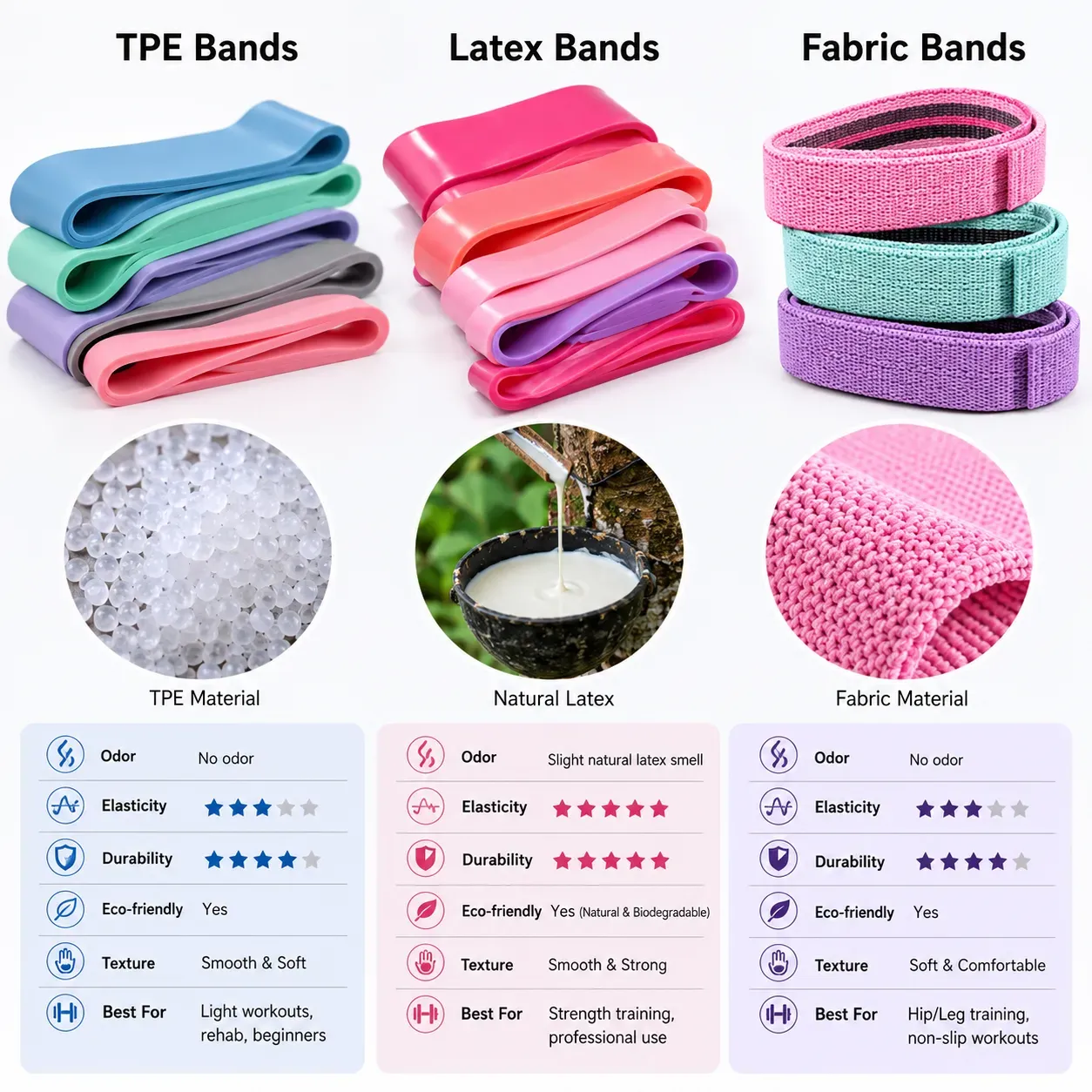 Natural latex VS TPE VS fabric booty bands