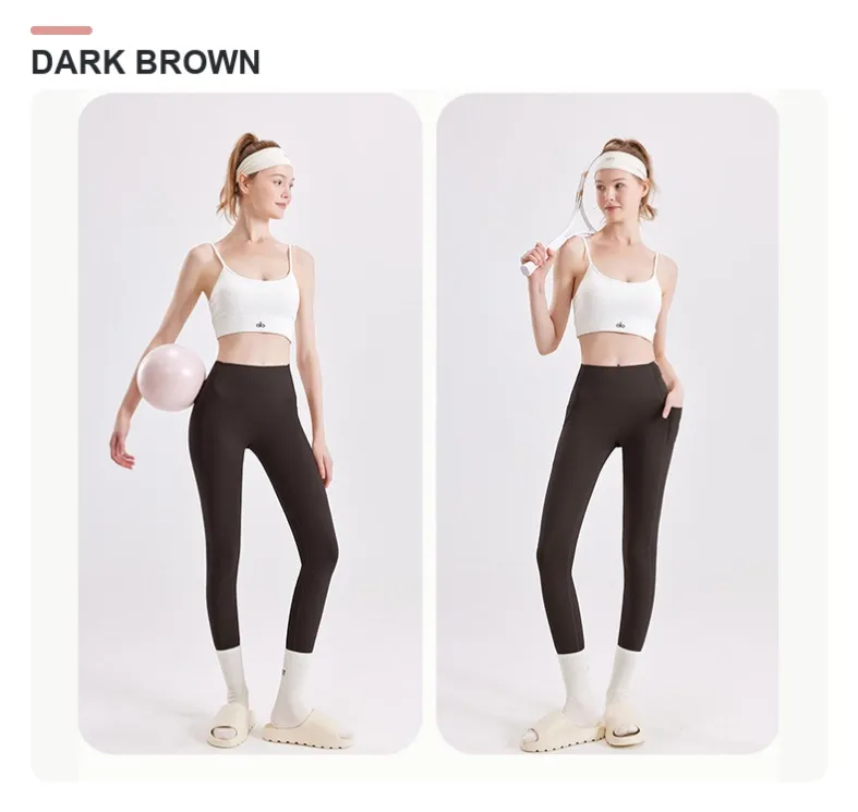 Dark Brown no-front-seam pocket yoga leggings 25003