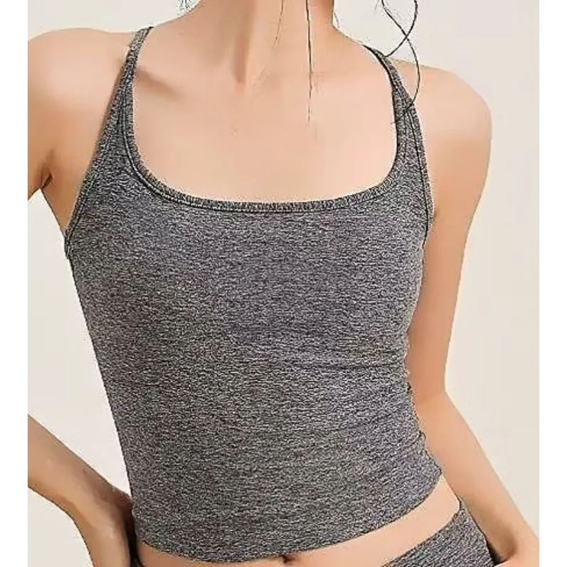 Close view of Cationic Satin Grey racerback padded yoga tank