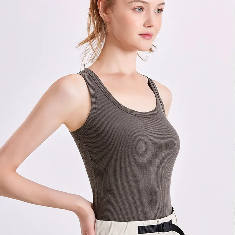 GENY YOGA 25001 women's charcoal Tencel ribbed tank top with built-in half cups