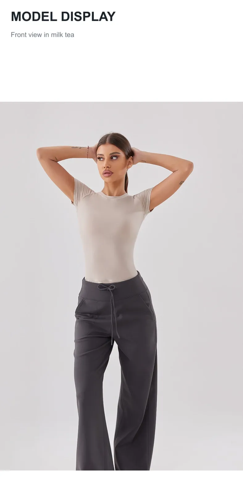 Full model view of milk tea GENY YOGA 25070 activewear T-shirt