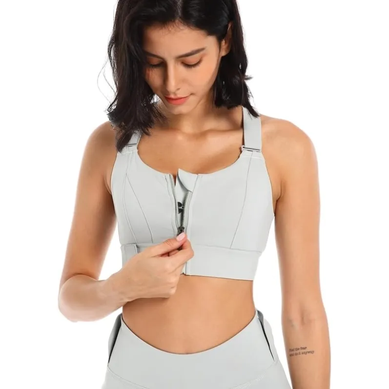 GENY YOGA 260803LG light green adjustable zip-front high-support sports bra front zip close detail