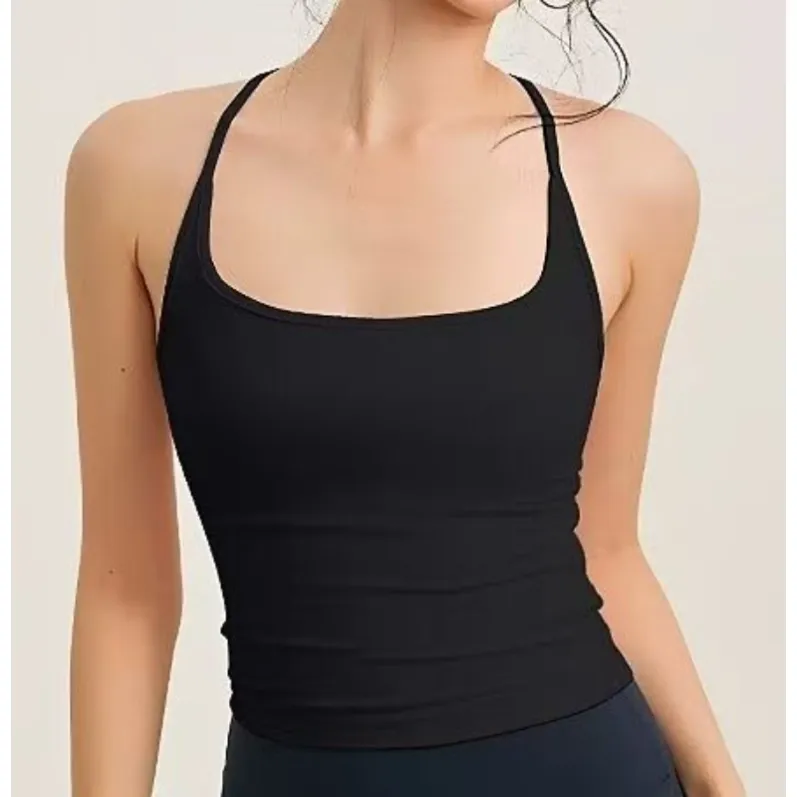 Black women's padded racerback workout tank with fixed cups