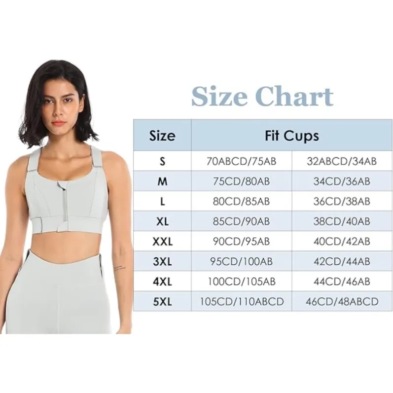 GENY YOGA 260803LG light green adjustable zip-front high-support sports bra size chart