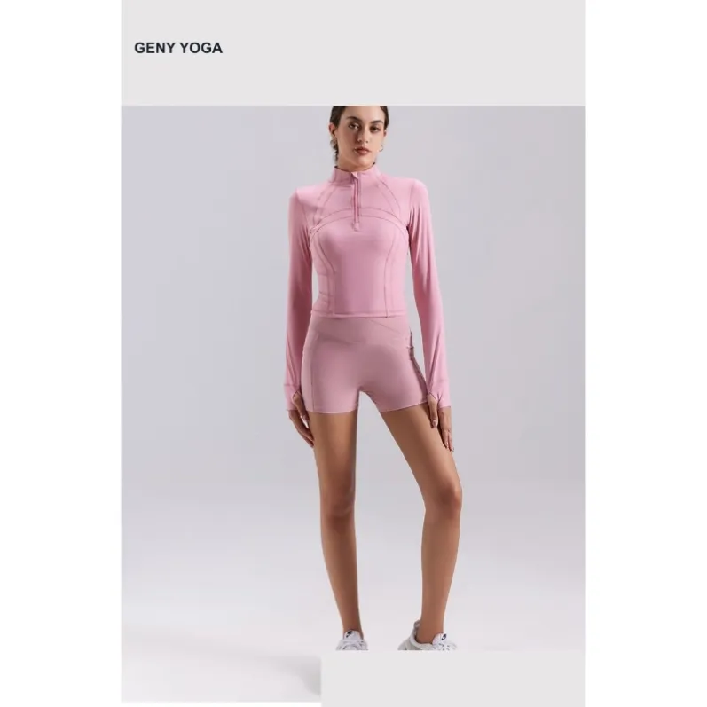 Full front view of pink GENY YOGA 24030 half-zip performance top