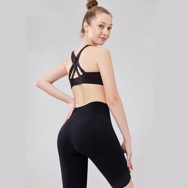 Back model view of black women's high-waisted cycling shorts 25045