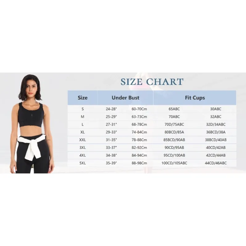 GENY YOGA 260803BL black adjustable zip-front high-support sports bra size chart underbust guide