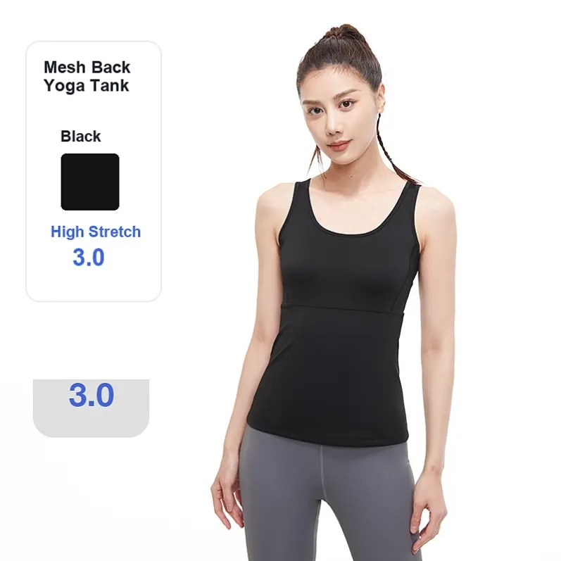 Women's black mesh-back yoga tank top AS0021 with high-stretch fabric
