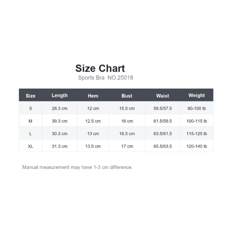 Size chart for GENY YOGA 25018 women's front-zip sports bra
